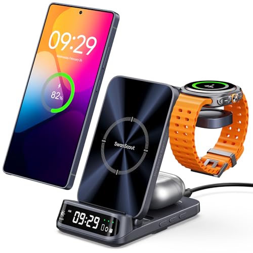Image of SwanScout 708S Wireless Charging Station for Samsung S25 /Watch 8, 3 in 1 Wireless Charger for Samsung S24 /S23 /S22 /Z Flip /Fold,for Galaxy Watch 8 Classic /7 /Ultra /6 /5,Galaxy Buds 3 /3 Pro(NO Adapter)