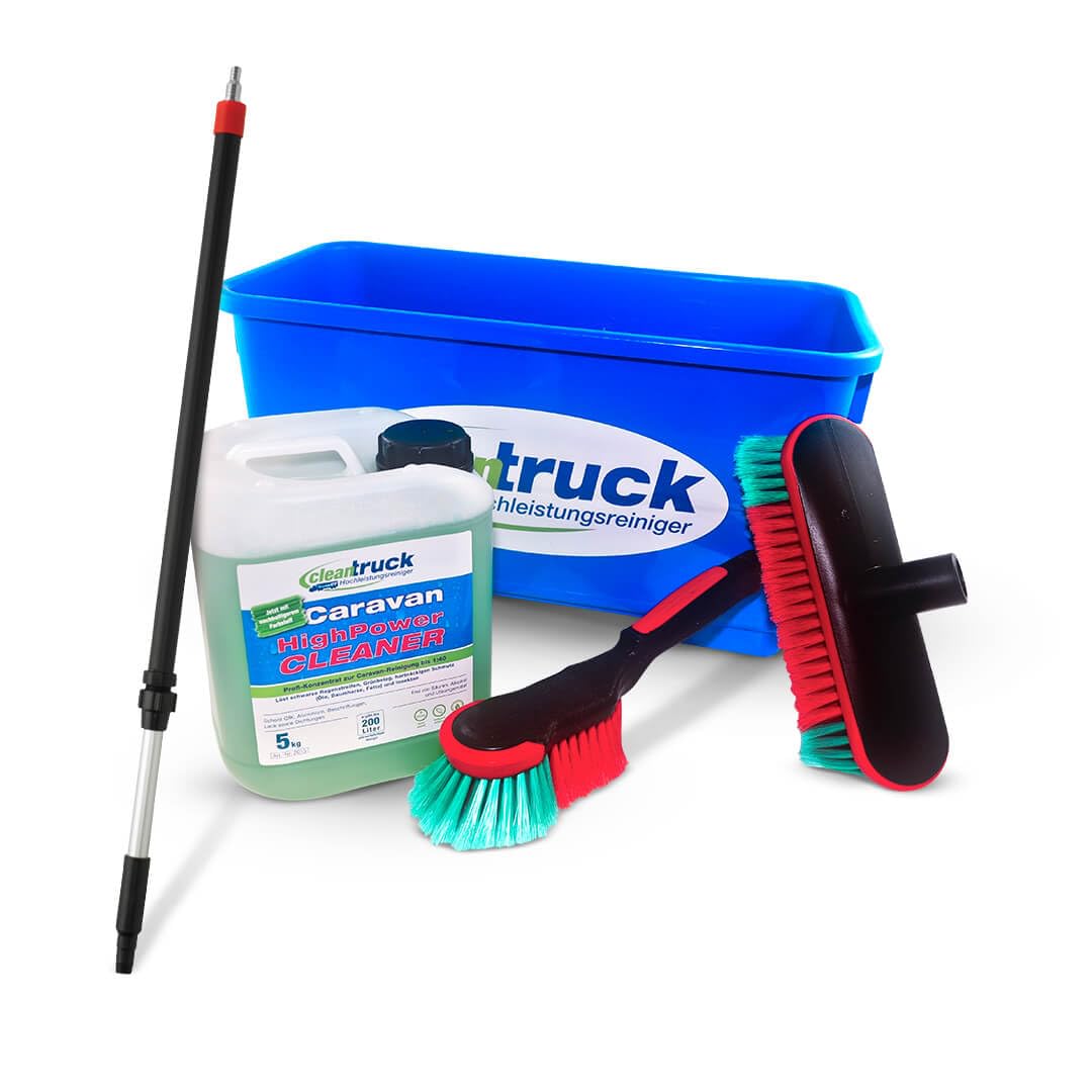cleantruck Vikan MaxX Caravan Reinigungs-Set | Hochwertiges Komplett-Set für Wohnmobil & Caravan | Waschbürste, Teleskop-Stiel, Felgenbürste, Wascheimer & 5kg HighPower Cleaner