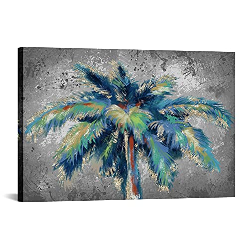 Fushvre Palm Tree Canvas Picture Teal And Golden Tropical Tree Leaves Wall Art For Hawaii Theme Home Office Decor Framed Ready To Hang 24"X36" #TOP29