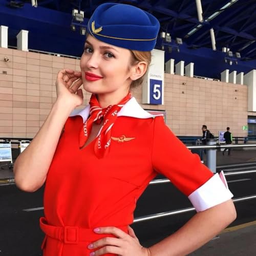 Disfraz de azafata para mujer con sombrero elegante y bufanda de satén azul 2