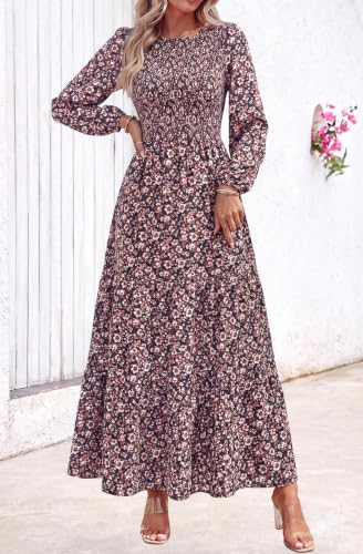 Image of PRETTYGARDEN Women's Fall Dresses 2026 Long Sleeve Flowy Casual Floral Maxi Dress Crew Neck Smocked Tiered Long Dress
