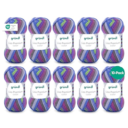 Gründl Wolle Lisa Premium color - Garn zum Stricken mit Farbverlauf - Strickgarn - Häkelgarn - Weich und hautfreundlich - 100% Polyacryl 10 Knäuel 50 g / 133 m -Nadelstärke 3,5-4,5 - Blau-limette