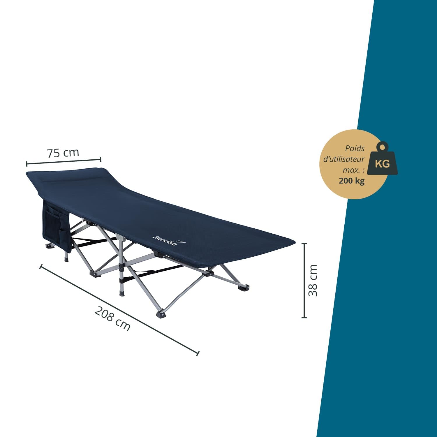 Skandika Lit de Camping Viia | Lit Pliant Confortable, Grande Surface de Couchage Robuste, Pliable, Poche latérale | Lit de Camping pour Camper, Festival, Maison