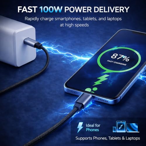 Image of ELVIX USB C to USB C Cable 100W Fast Charging Power Delivery, Nylon Braided Type C Cable, 480Mbps Data Transfer Speed, Heavy Duty, Compatible with Laptop, Smartphone, Tablet, Power Bank & Car Charger