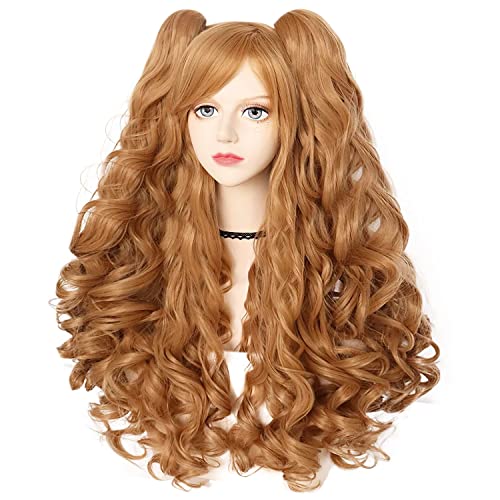 ANOGOL Hair Cap+Brown Wig Costumes For Women With 2 Curly