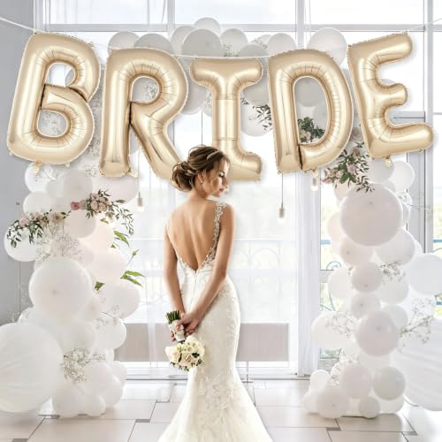 Image of 40 Inch White Gold BRIDE Balloons, Giant Bride To Be Balloon, Letter Balloons for Bachelorette Party, Bridal Photo Booth Banner, Wedding Decorations