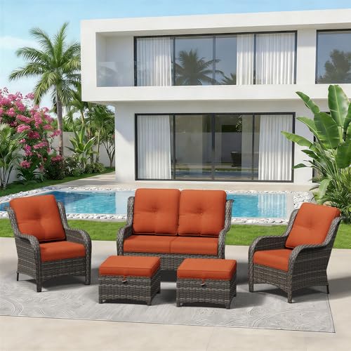 Image of 5 Piece Outdoor Wicker Patio Furniture Set, Patio Chairs Set with Thickened Olefin Cushions, High Back and Deep Seating, Hand-Woven PE Rattan, Ottoman for Porch, Deck