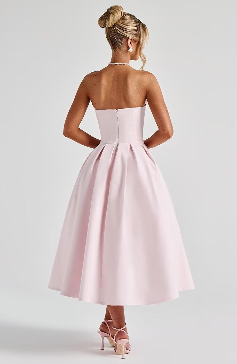 Strapless Satin Tea Length Prom Dresses for Women 2025 A-Line Corset Backless Cocktail Bridesmaid Dress with Pocket - Image 5