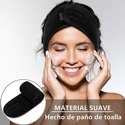 Voarge Juego de 3 diademas de maquillaje, ajustables, toalla elástica de rizo con cinta mágica para lavar la cara (blanco, negro y rosa) - imagen 6