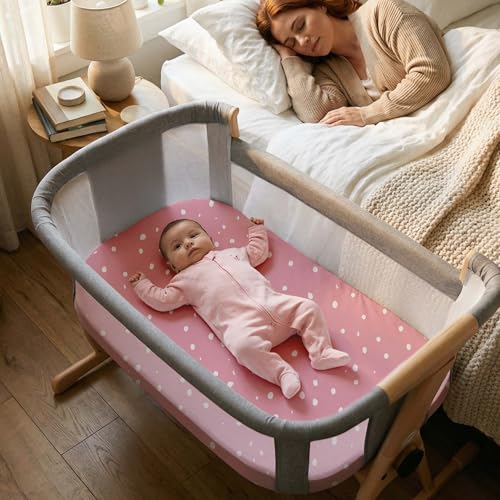 Image of Gllquen Baby Bedside Sleeper Bassinet Sheets 33x20 Inch 4 Pack Girl Boy | Soft OEKO-TEX Certified Bassinet Crib Sheet, Compatible with Baby Delight, Newton Rectangle Bassinet Mattress, Pink Love