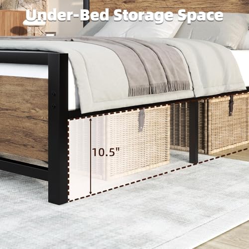 Image of Catrimown Queen Bed Frame with Headboard, Queen Metal Platform Bed Frame with Steel Slat Support, 10.5 in Storage Clearance, No Box Spring Needed, Easy Assembly, Black Brown