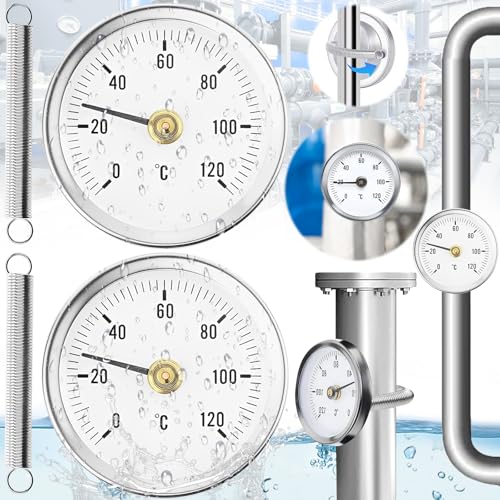 Weploda 2 Stück Rohrthermometer Heizungsrohr, Rohrthermometer rostfreiem Stahl, Temperaturanzeige mit Clip-On 0-120 ℃, Tragbares Rohrleitungs Thermometer, Überwachung Rohrtemperatur (mit 2 Federn)