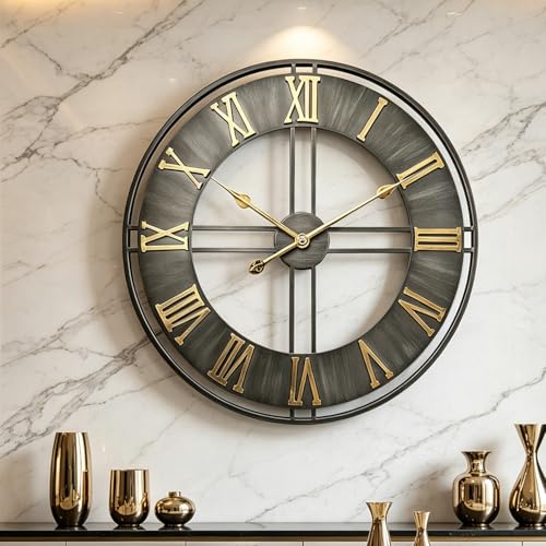 Large Wall Clock,24 Metal Decorative Round Wall Clocks,Quality Quartz Movement Silent Retro Roman Numerals Clock for Living Room Bedroom Kitchen Decor