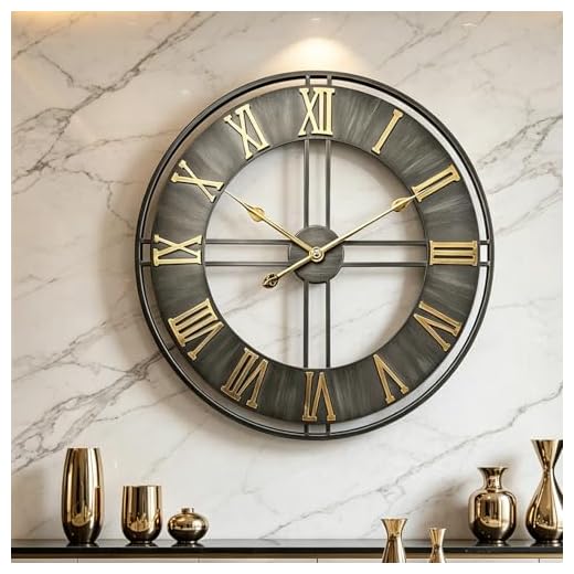 Large Wall Clock,24" Metal Decorative Round Wall Clocks,Quality Quartz Movement Silent Retro Roman Numerals Clock for Living Room Bedroom Kitchen Decor