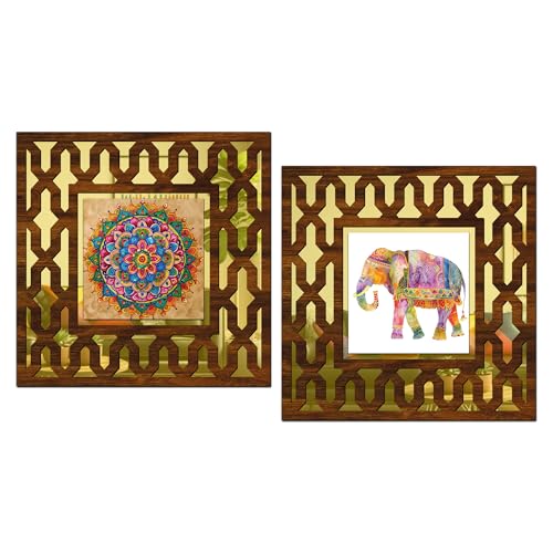 Image of RAG28 Wooden Elephant Mandala Art Mirror Wall Decor Panel for Home Decor Living Room Bed Room Office (AD9, 12X12 Inches, Set of 2)