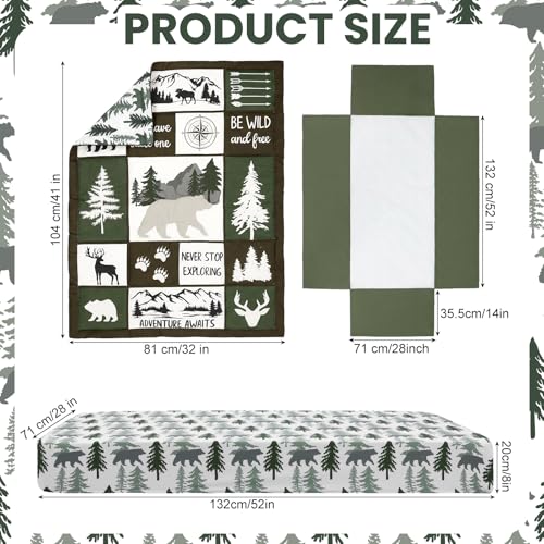 Image of Hahafelt 3 Pcs Woodland Crib Bedding Set for Boys, Green Elk Bear Baby Crib Sets for Newborn, Infant & Toddler Nursery Bed Set Decor with Fitted Sheet, Dust Ruffle, Comforter