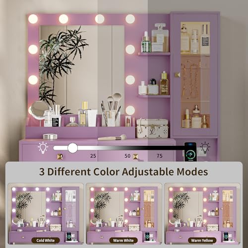 Image of Vanity Desk with Mirror and Lights, Purple Makeup Vanity with 5 Drawers Hidden Jewelry Organizer& LED Glass Cabinet,3 Light Mode and Brightness Adjusted,Vanities Mirror with Lights Desk and Chair