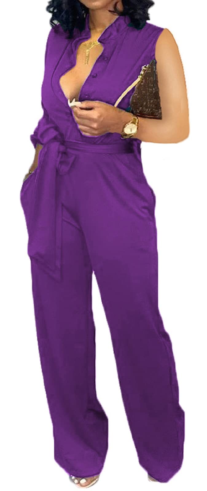 SeNight Women's Business Jumpsuits For Elegant V Neck Button Down Sleeveless Sexy Purple Solid Color Strap Straight Long Pants Rompers With Pockets
