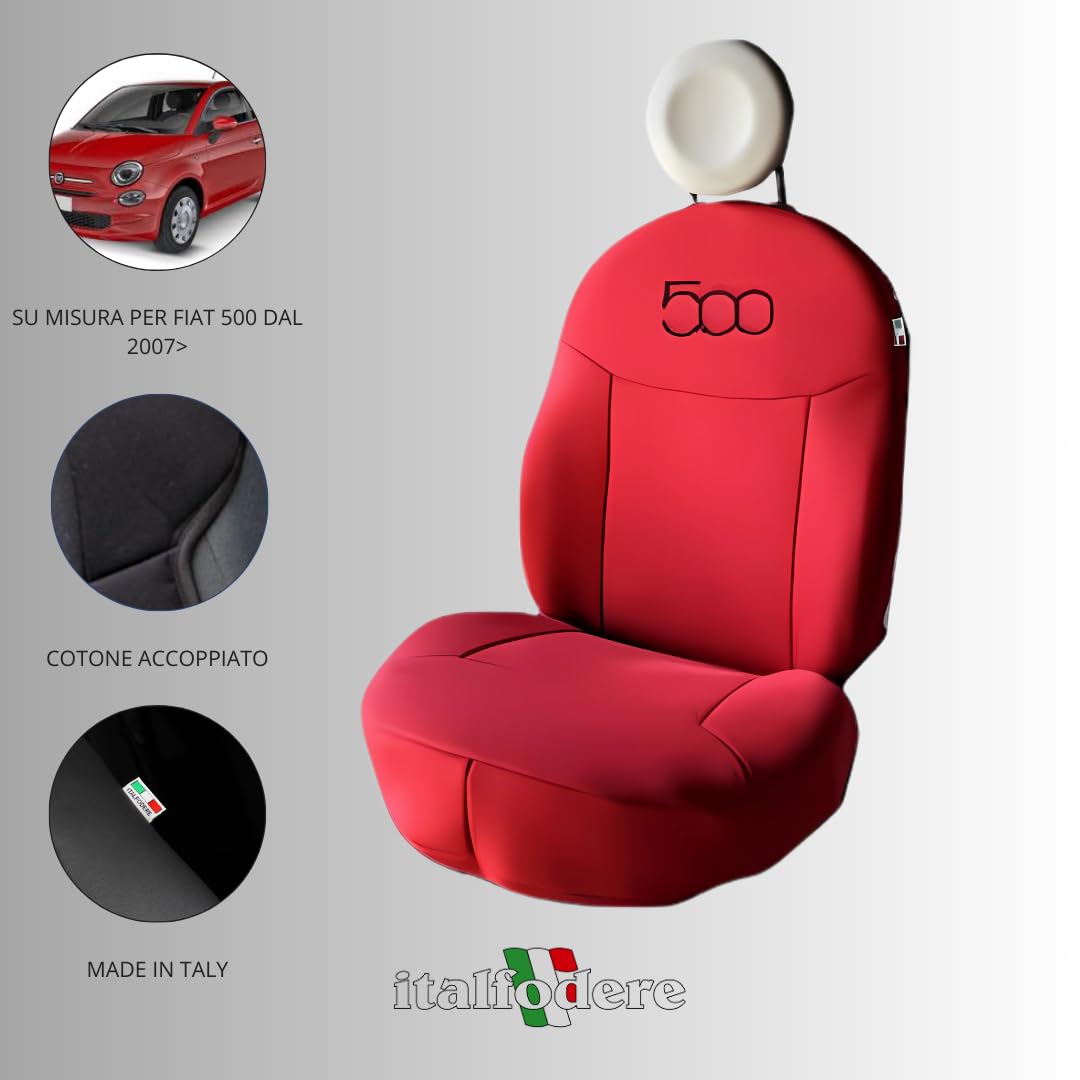 Italfodere - Coppia Coprisedili Anteriori Compatibili con Fiat 500 - Cotone Accoppiato - Fatti a Mano - Eleganti e Resistenti - Accessori Auto Interno - Rosso - Made in Italy
