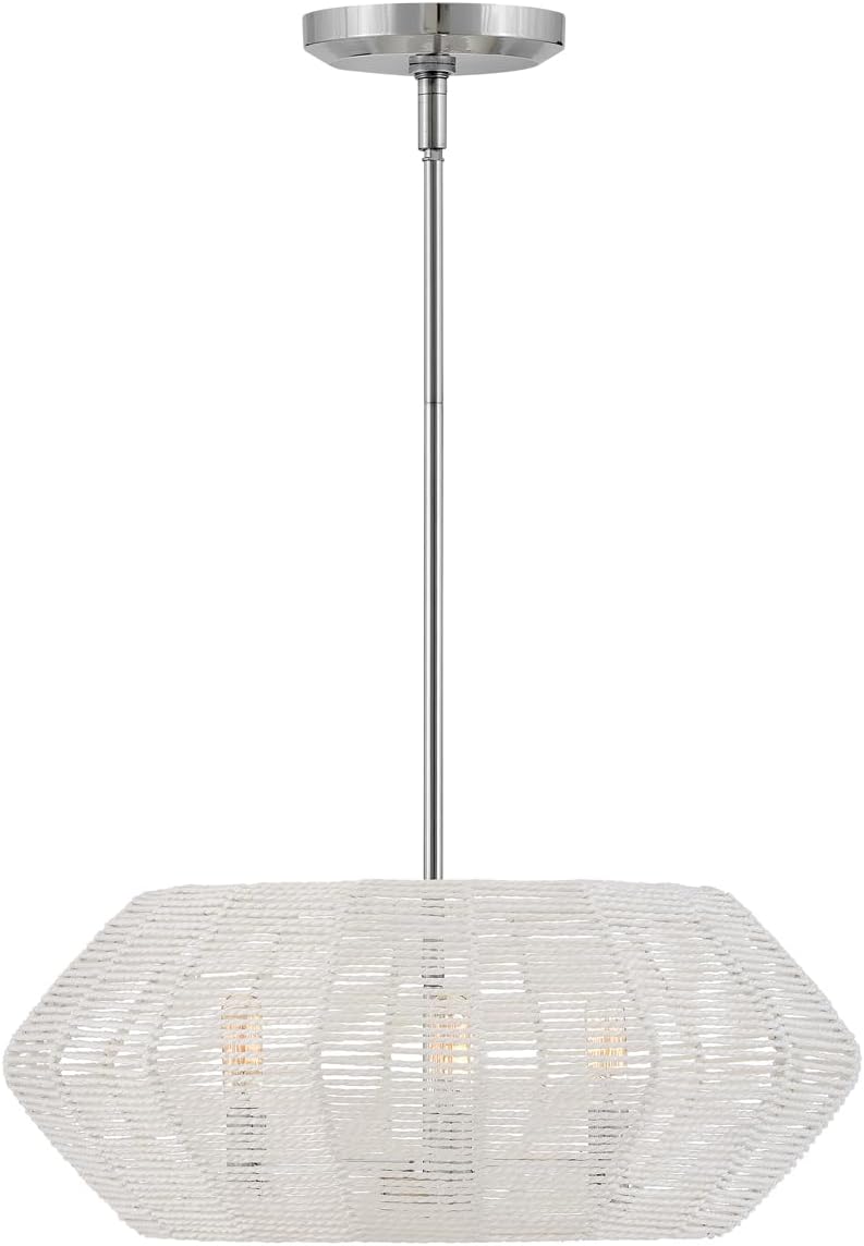 Hinkley Luca Medium Five Light Convertible Drum Pendant Chandelier – Lisa McDennon, Bohemian, Coastal, White Woven Shade – Polished Chrome Finish