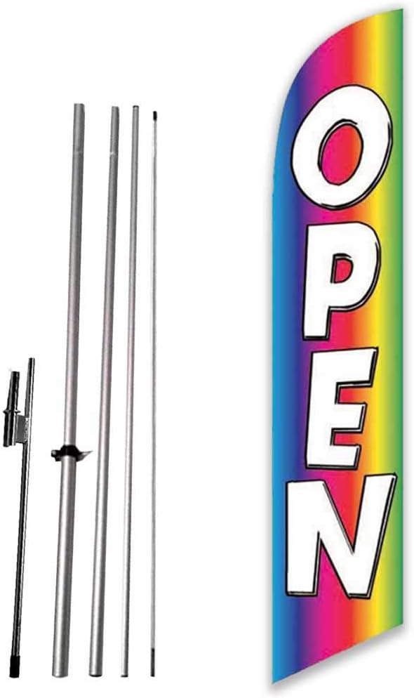 Open (Rainbow) Advertising Feather Flag with Complete 15ft Pole kit and Ground Spike