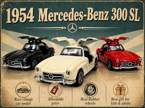 Image of 1954 Mercedes-Benz 300 SL Diecast Model Car 1:36 Scale - Premium Alloy Metal Pull Back Toy Car -Lights & Sound, Opening Gullwing Doors & Boot, Rubber Wheels, Vintage Classic Car Collectible