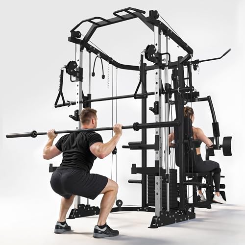 GMWD Dual-Station Smith Machine Power Cage, All-in-One Home Gym Workout Station with 121LB Weight Stacks & Cable Crossover, Professional Functional Trainer for Couples & Family Strength Training