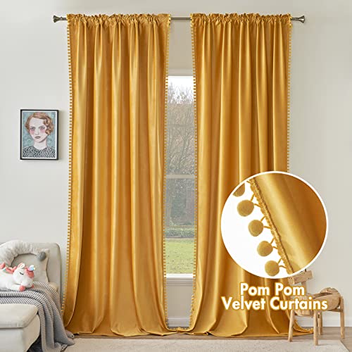 Miulee Mustard Yellow Pom Pom Velvet Curtains For Fall Bedroom/Living Room Darkening Thermal Insulating 96 Inches Long Blackout Curtains With Rod Pocket For Kid Room/Nursery/Home Theater Set Of 2 #TOP1