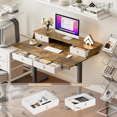 Image of ARTIKEL Valor Electric Height Adjustable Standing Desk with Storage Drawers & Shelves| Sit-Stand Desk for Home Office |Ergonomic Workspace Table (Brown, Valor (120 * 69cm))