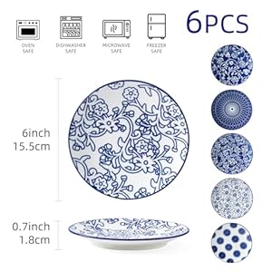 Ceramic Dessert Plates Set - 6 Inch Small Appetizer Plates for Kitchen - Salad Plate for Cake Snacks Side Dish, Microwave Dishwasher Safe, Gift, Vintage Blue Ceramic Dessert Plates Set 6 Inch Small Appetizer Plates for Kitchen Salad Plate for Cake Snacks Side Dish Microwave Dishwasher Safe Gift Vintage Blue