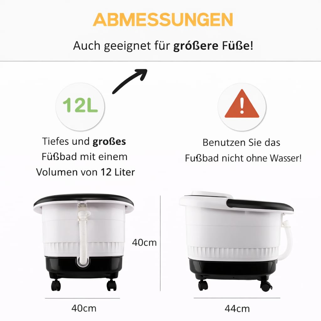XXL Fußbad 12L – Automatische Radmassage & Infrarot – Fußsprudelbad 48°C mit Shiatsu – Elektrische Fußbadewanne - Entspannung Fußpflegegerät