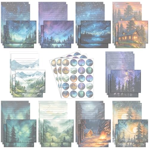 Image of TaoBary 160Pcs Whimsical Watercolor Illustration Stationery Paper and Envelopes Set 50 Double Sided Stationery Paper & 50 Matching Envelopes & 60 Round Dot Sticker 5.5 x 8.25''writing Papers, 10design