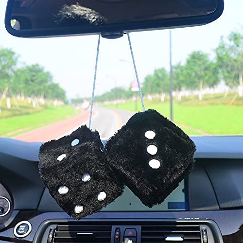 Pair 3” White With Black Dots Mirror Fuzzy Plush Dice, White And Black Soft Plush Car Decorative Hanging Ornament #TOP4