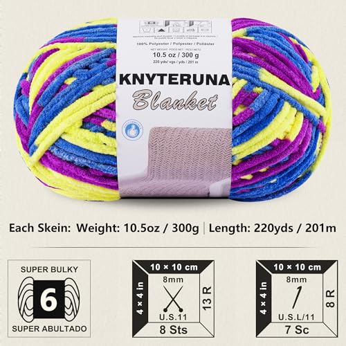 Image of #6 Super Bulky Blanket Yarn for Crocheting - 4 Skeins(Each 10.5oz /300g, 220yds /201m), Chunky Chenille Thick Plush Big Soft Yarn for Crocheting Knitting Blankets, Purple & Blue & Yellow