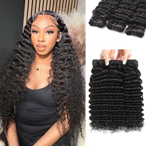 12A Deep Wave Bundles 16 18 20 Inch Deep Wave Human Hair Bundles 100% Unprocessed Brazilian Virgin Wet and Wavy Human Hair 3 Bundles Quick Weave Bundles for Women