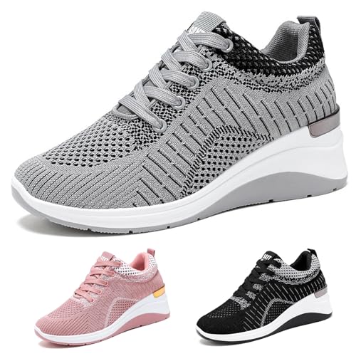 Women's Knitted Mesh Wedge Lace-up Sports Shoes with Arch Support Comfortable Heightened Thick Casual Orthopedic Walking Shoes Outdoor Non-Slip Lightweight Running Tennis Shoes