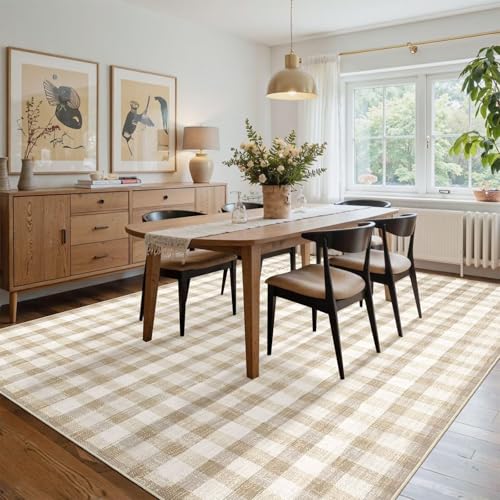 Image of Checkered Area Rug, 8x10, Beige | Washable, Non Slip, Modern Neutral, For Living Room Bedroom Office Patio Dining Room