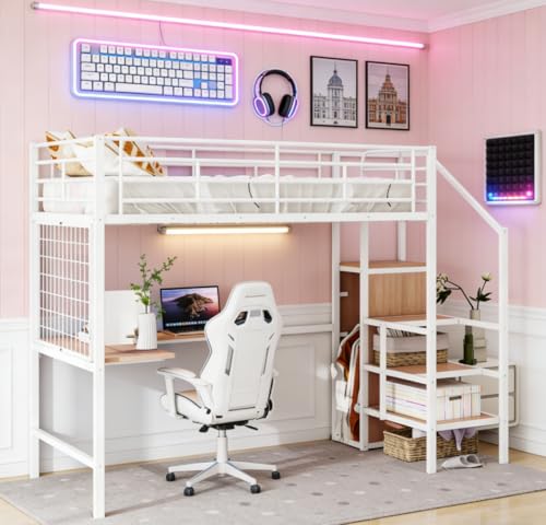 Image of Bellemave Full Size Loft Bed with Desk and Wardrobe and Storage Stairs, Loft Beds for Adults, Kids, Teens Metal, White