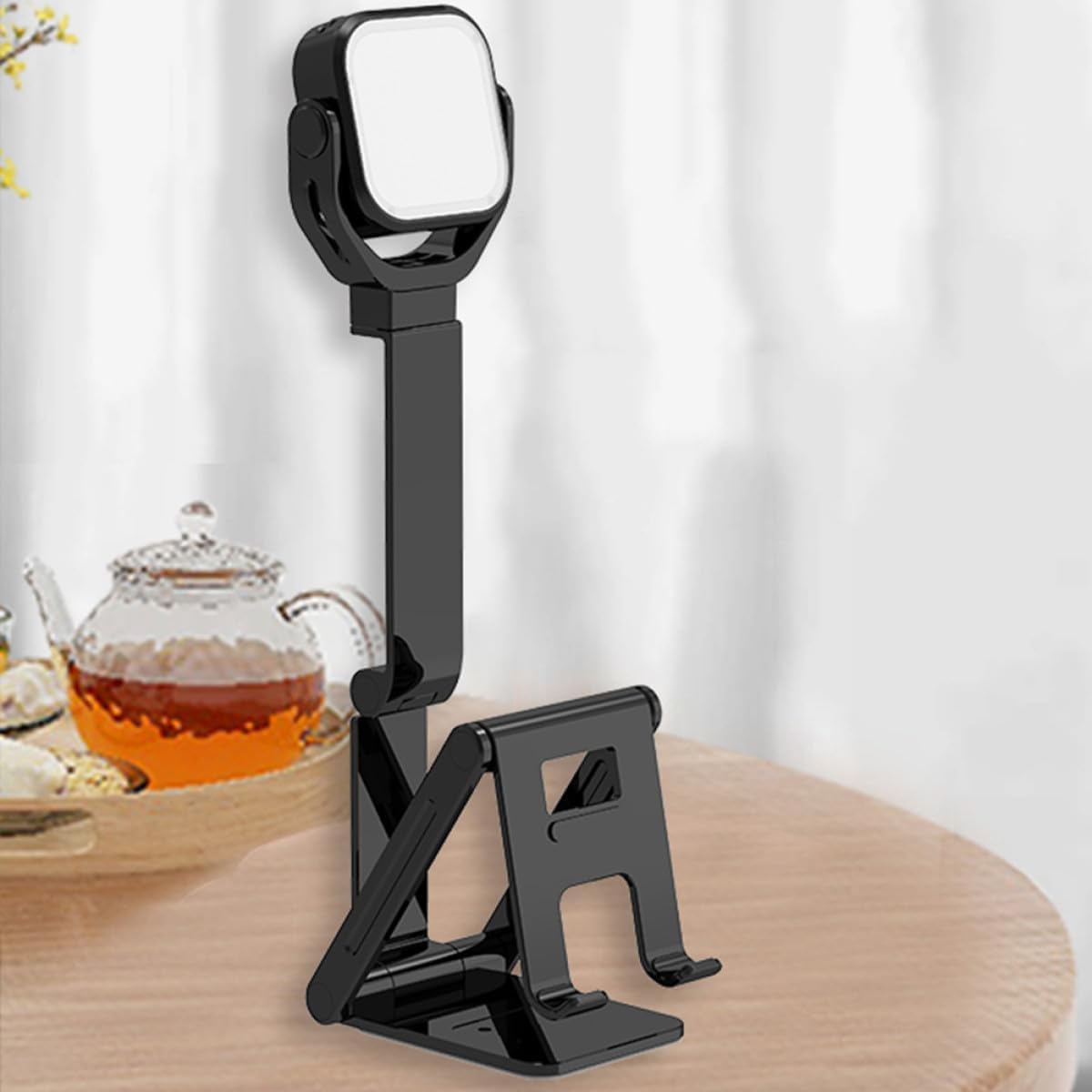 Foldable Fill Light Phone Holder with Adjustable LED Makeup Light Stand, Portable Cell Phone Stand for Live Streaming and Video Calls, Compact Desktop Selfie Lamp