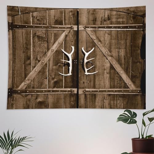 ZhiRain Barn Door Tapestry Wall Hanging Wooden Garage Cabin Door with Antler Vintage Country Theme Tapestries Home Decor for Living Room Bedroom Apartment Farmhouse Dorm 40"x60"