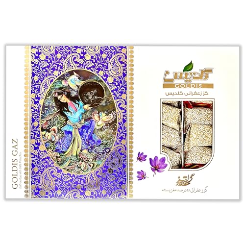 GOALDEES Nougat Gaz – Traditional Sweet with 28% Saffron Pistachios, Halal Candy, Soft & Chewy Natural Treat, 350g