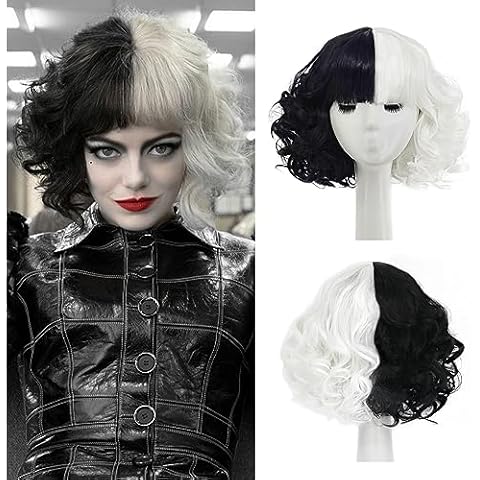 Juziviee Black and White Wigs for Cruella Costume Women Short Curly Wavy Hair Wig with Wig Caps Cute Synthetic Wigs for Party Halloween JZ005BW Cover