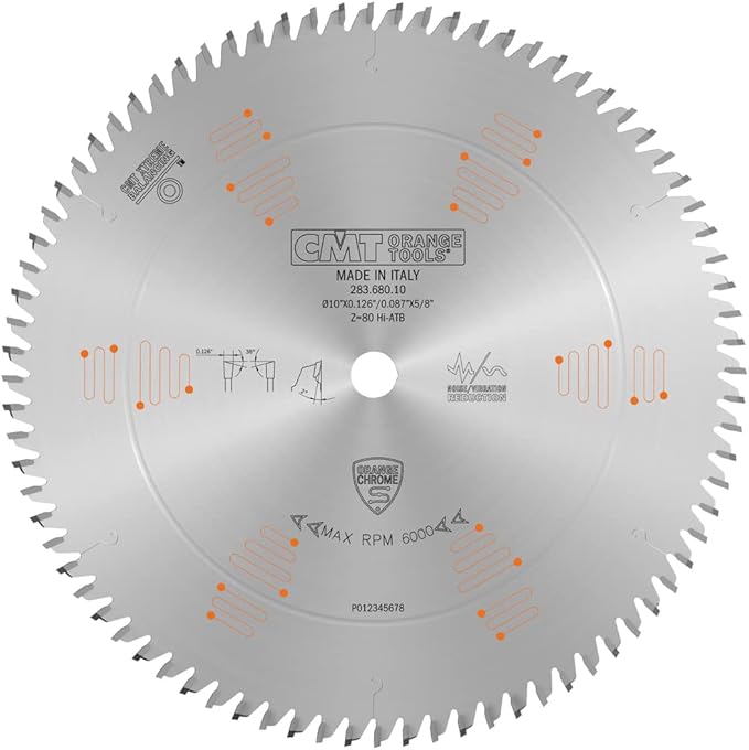 CMT 283.680.10 Orange Chrome Carbide Full Kerf 10” Ultimate Crosscutting Blade, 80 Teeth, High Alternate Top Bevel Grind (HiATB), 0.126” Kerf
