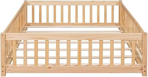 Miniatura 20 de Cama de suelo de tamaño matrimonial, marco de cama Montessori de madera maciza con barandillas en forma de valla y puerta pequeña y listones de