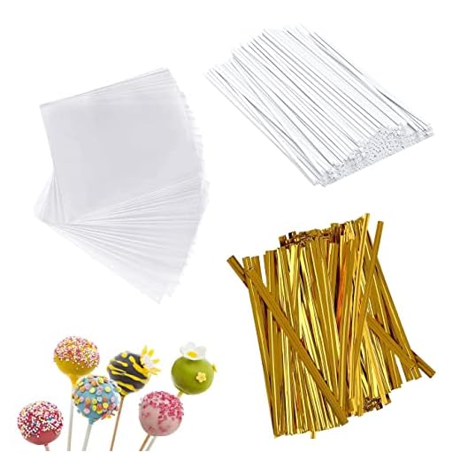 Juego de 300 palitos para pasteles Pop, 100 palitos para piruletas, 100 bolsas de celofán para piruletas y 100 pajaritas para hacer piruletas, dulces y chocolates