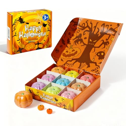 Halloween Bath Bombs for Kids Gifts: 9 Pcs Pumpkin Bath Bombs with Toys Inside Surprise Spider Light up Bath Toy Spooky Basket Stuffers for Kid Boys Girls Ages 3+ Bubble Fall Shower Steamers Bathroom