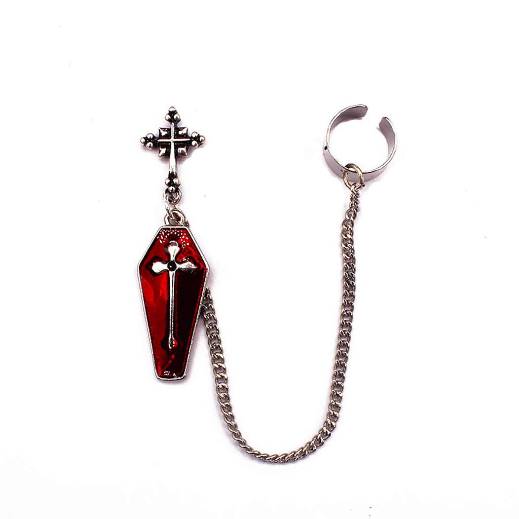YoungyFashion Earrings, 1Piece Gothic Red Spider Cross Coffin Silver Finish Long Chain Ear Cuff Dangle Earr - A