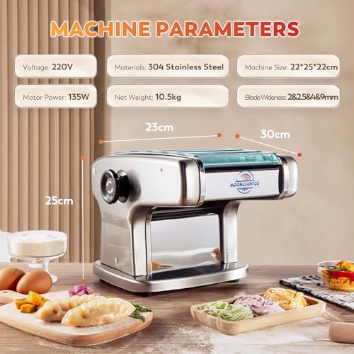 Moongiantgo Nudelmaschine Elektrische Edelstahl mit 9 Einstellbare Dicke 0,5-5mm Für Lasagne, Ravioli, Spaghetti und Tagliatelle (Nudelgröße: 2 mm, 2,5 mm, 4 mm, 9 mm)