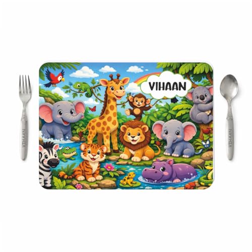 Image of Customized Table Mat with Name & Design Engraving | Personalized Dining Mat with Spoon & Fork | Customized Birthday Gift for Kids (Jungle)