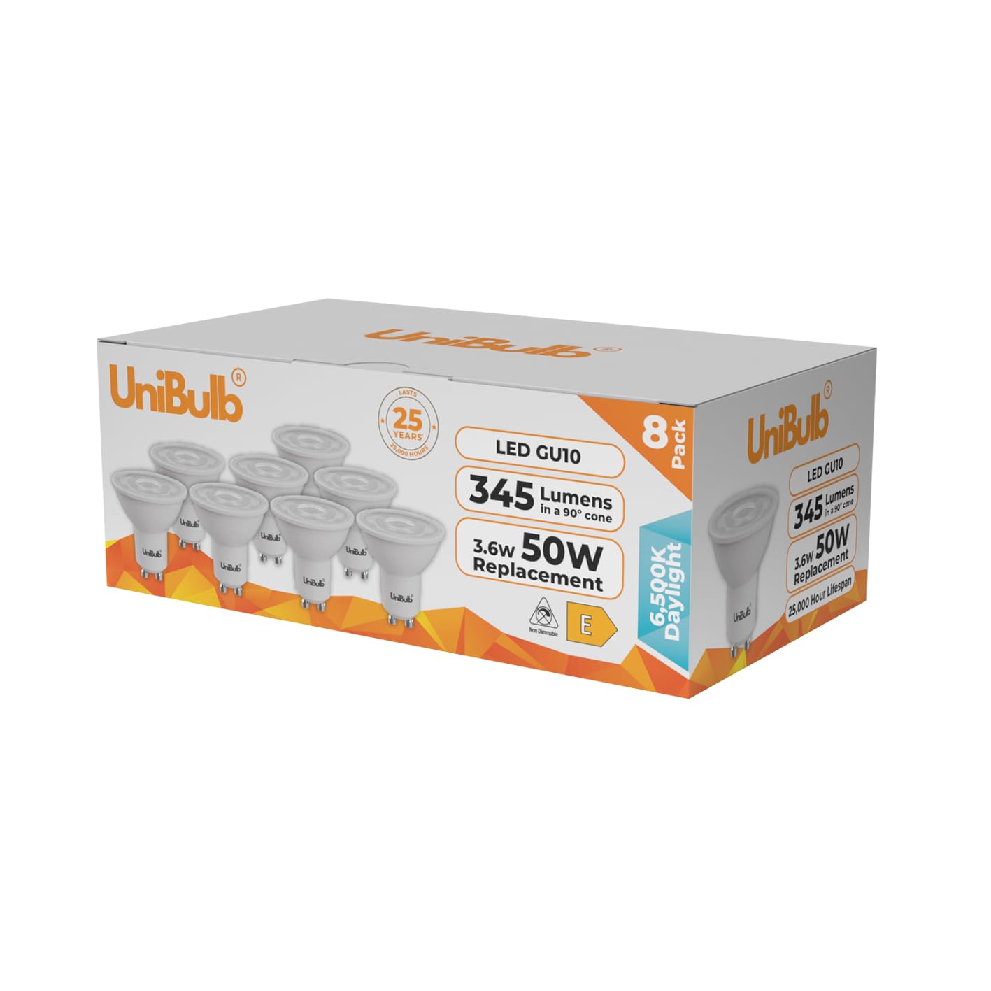 Unibulb LED GU10 3.6W LED Spotlight/Downlight/Ceiling Light Bulb, 345 lumens, 6500K Daylight, 50W Equivalent, 25,000hr Life, Non-Dimmable, Pack of 8